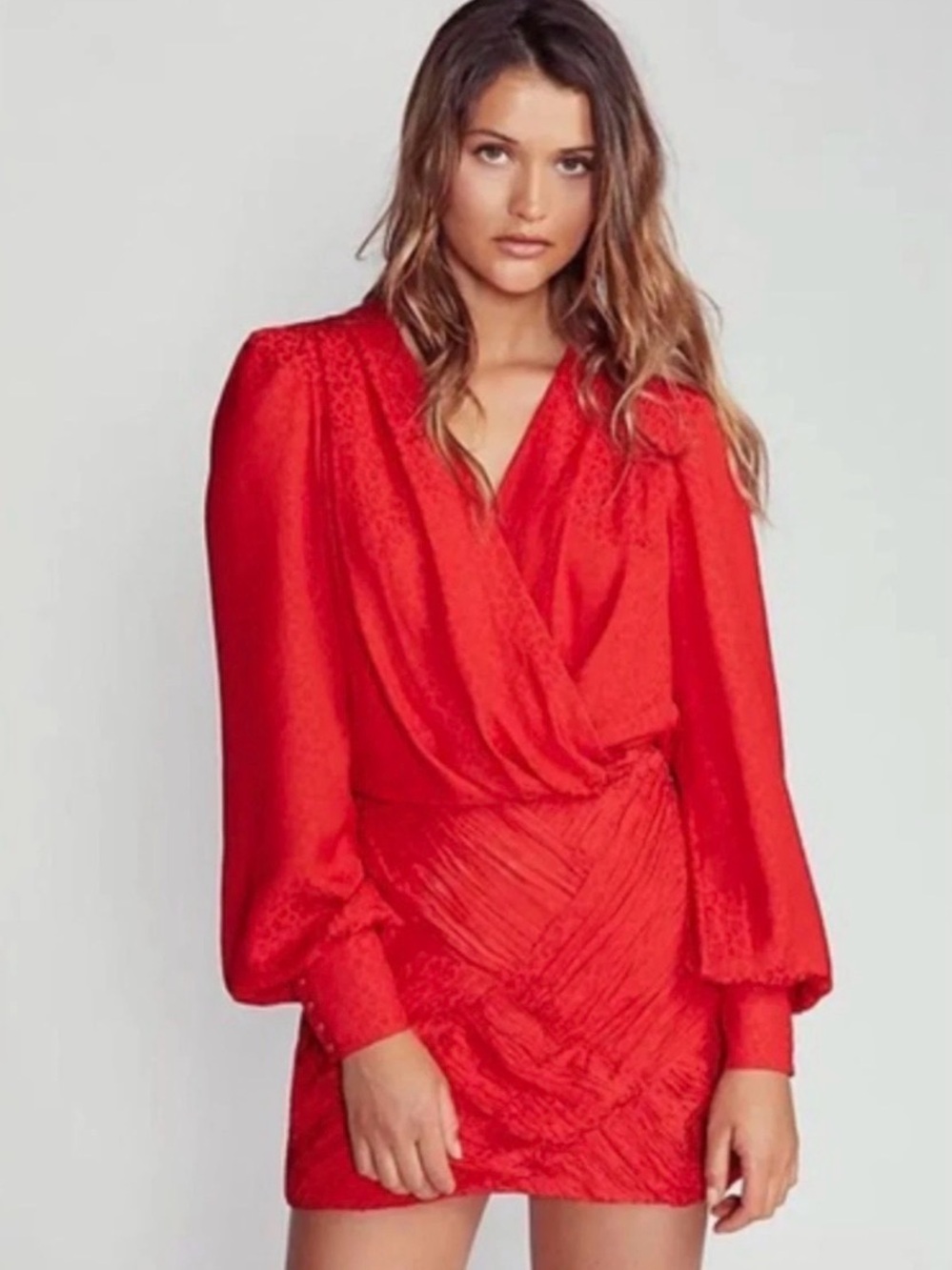 Free People Red Draped Wrap-Front Long Sleeve Mini Dress